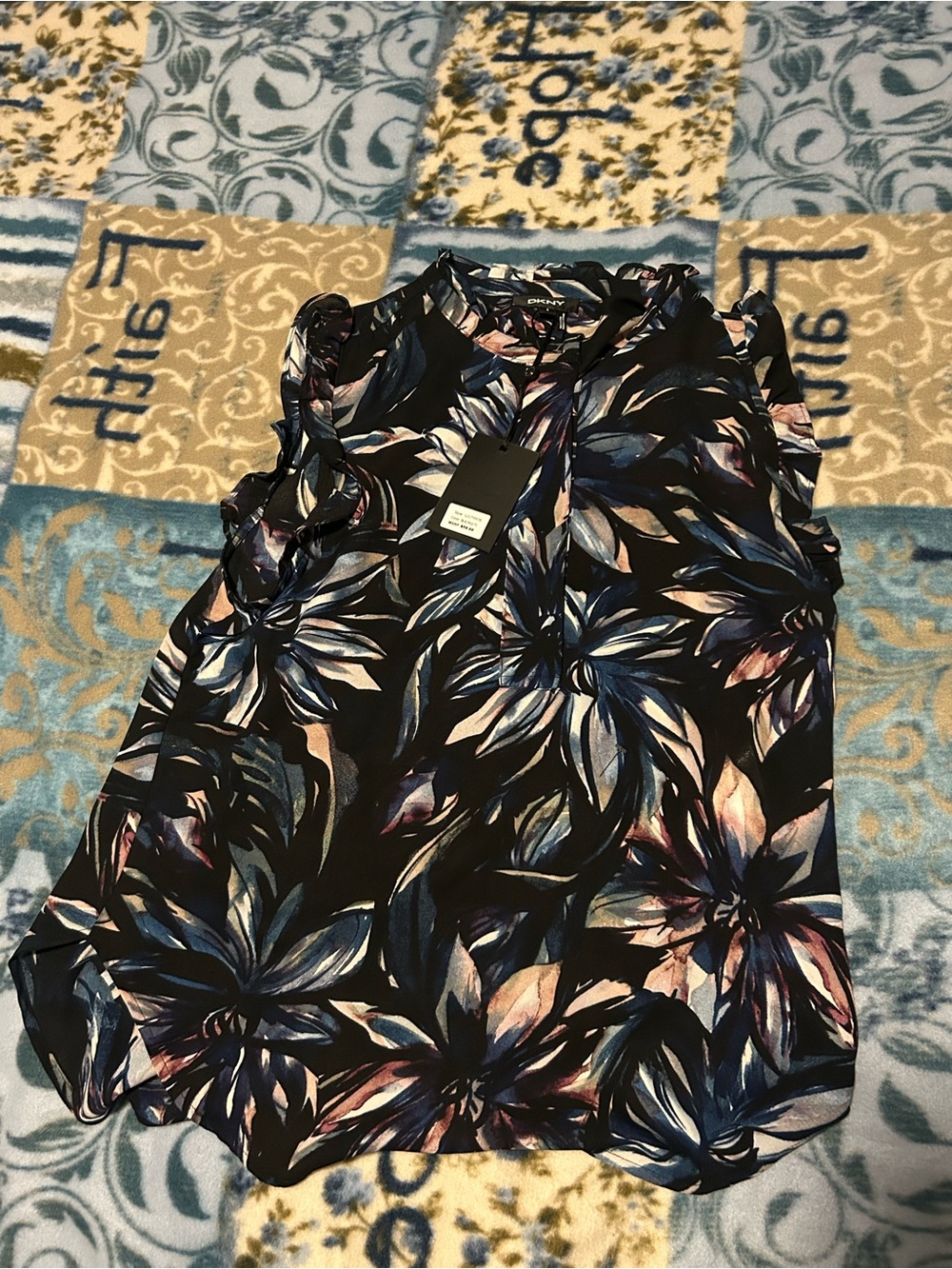 DKNY Black Floral Shell Top with Blue and Pink Accents